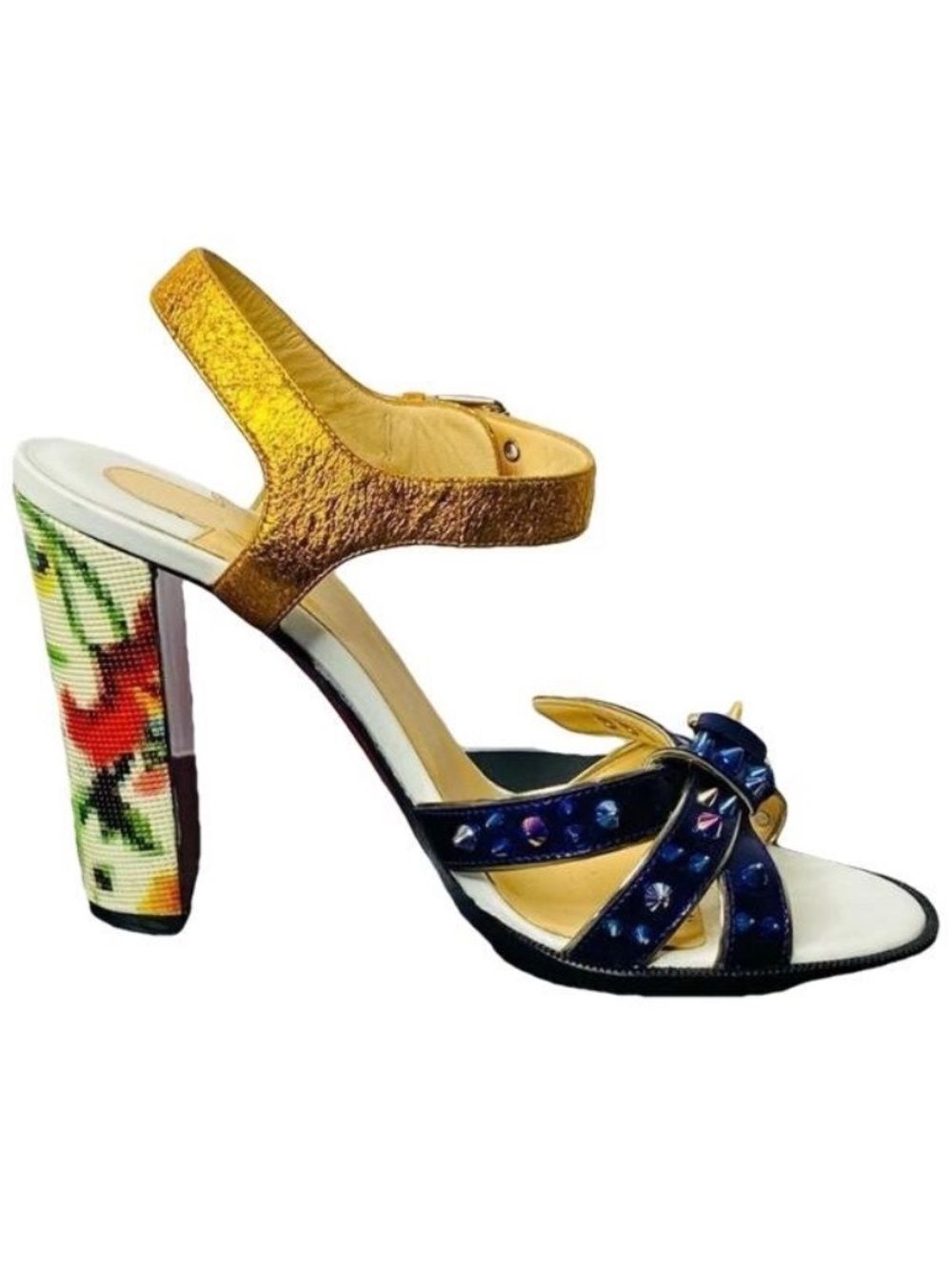 🛍️ Christian Louboutin Metallic Gold & Blue Studded Women’s High Heel Sandals